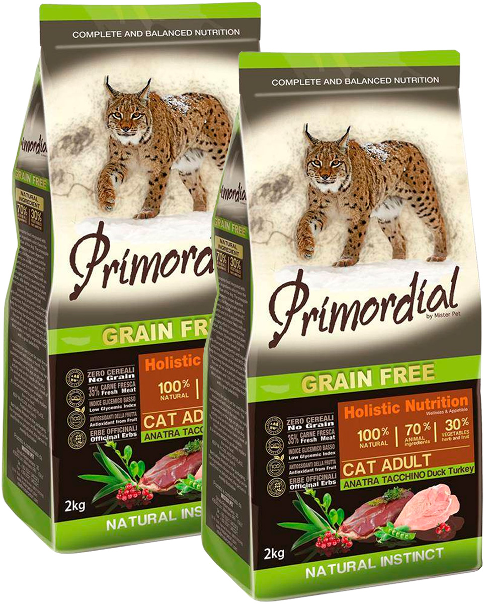 фото Сухой корм для взрослых кошек primordial беззерновой с уткой и индейкой (2 + 2 кг)
