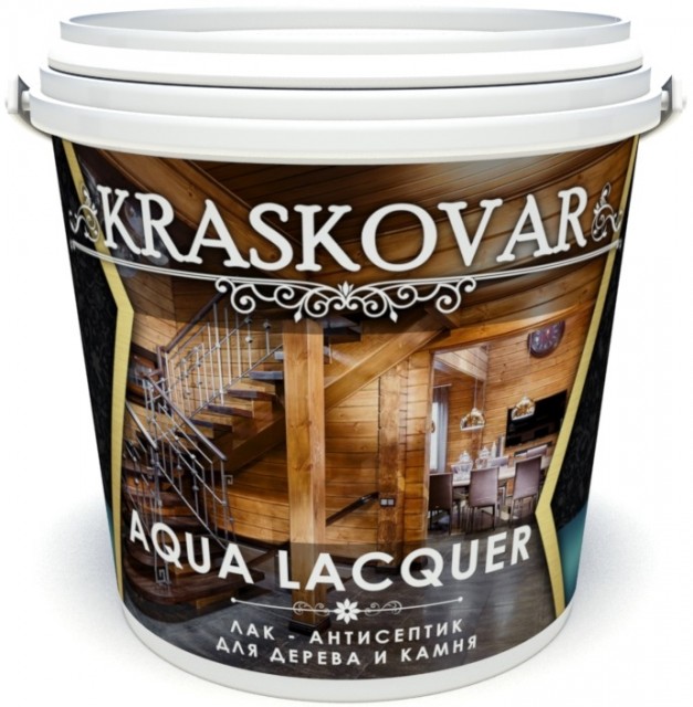 фото Лак-антисептик kraskovar aqua lacquer для дерева и камня, белый 0,9л