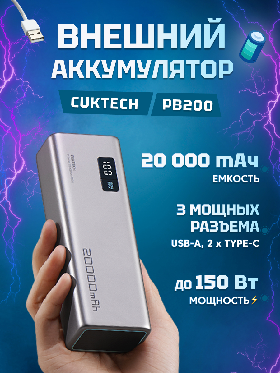 

Внешний аккумулятор Cuktech PB200P, 20000 мАч, 150Вт LED Disp, Grey, PB200P