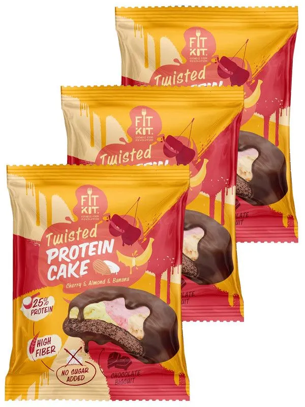 Протеиновое печенье Fit Kit TWISTED Protein Cake Вишня, миндаль и банан, 3 шт по 70 г