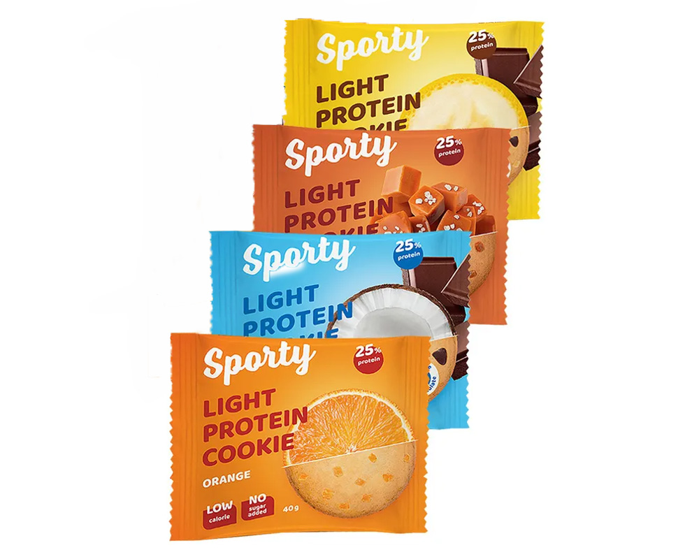 фото Sporty protein light, ассорти 4шт (апельсин, соленая карамель, кокос, банан)