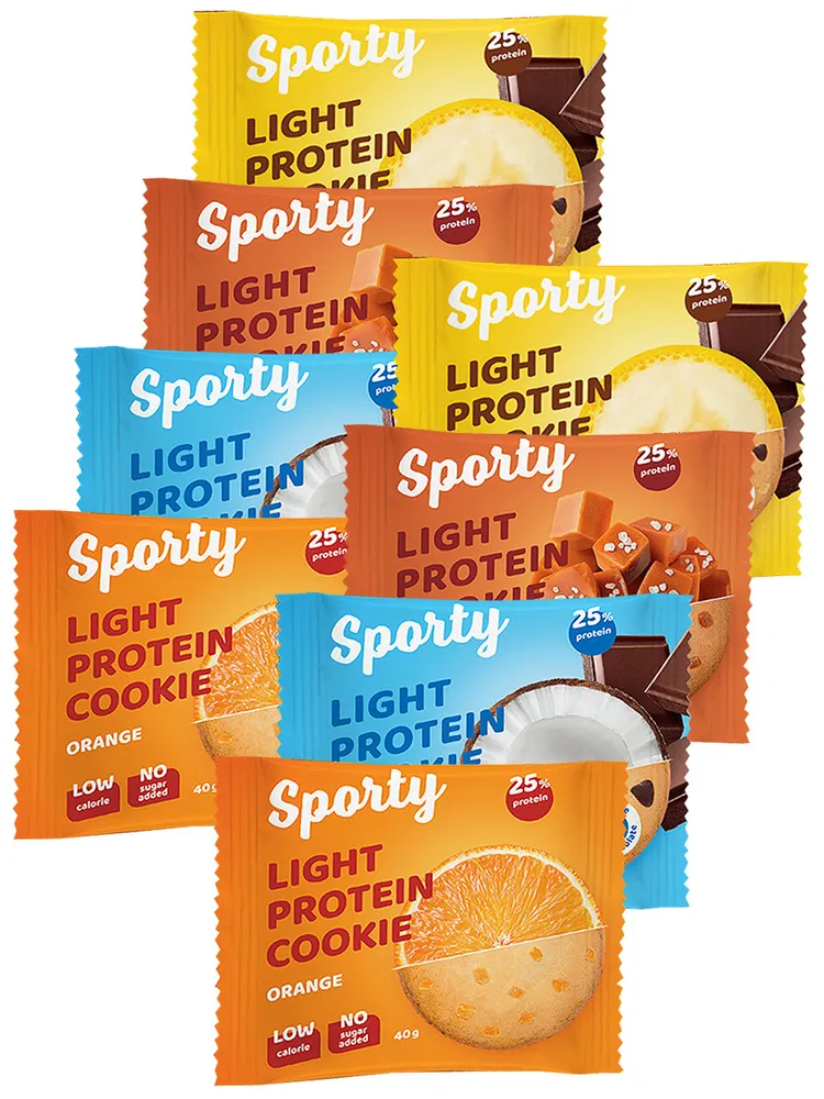 фото Sporty protein light, ассорти 8шт (апельсин, соленая карамель, кокос, банан)