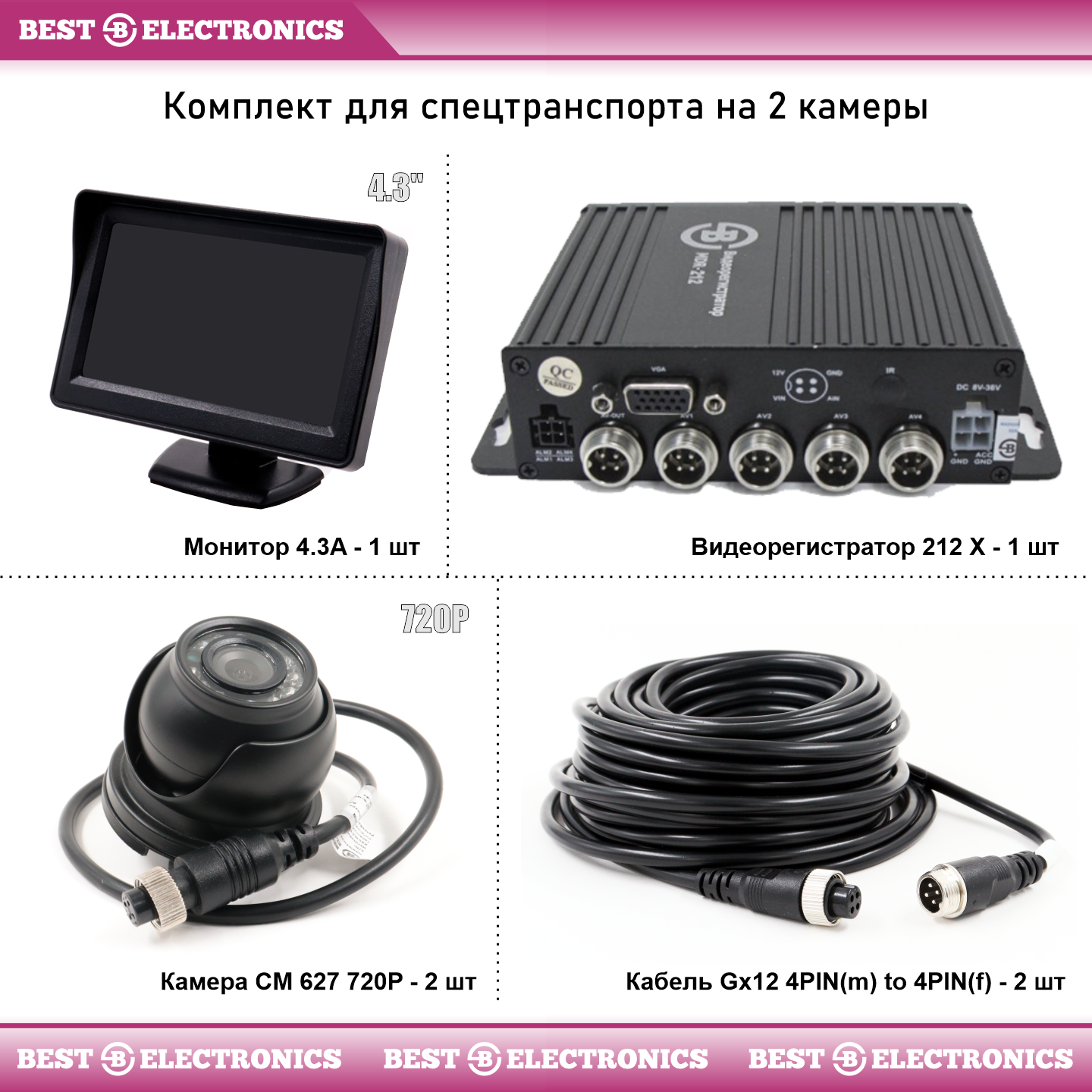 Видеорегистратор Best Electronics 212X для спецтехники на 2 камеры с монитором