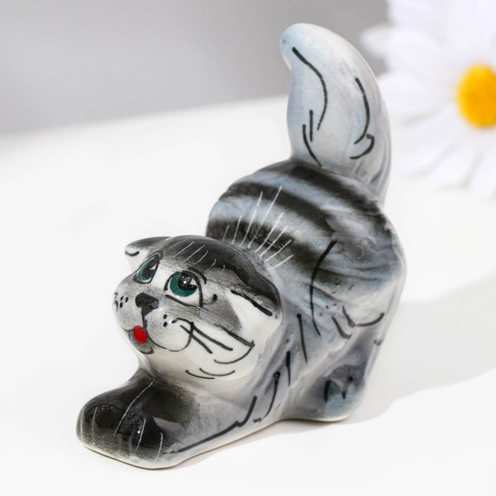 

Сувенир Котик, сидячий, полосатый темный, гжель (2 шт), Белый