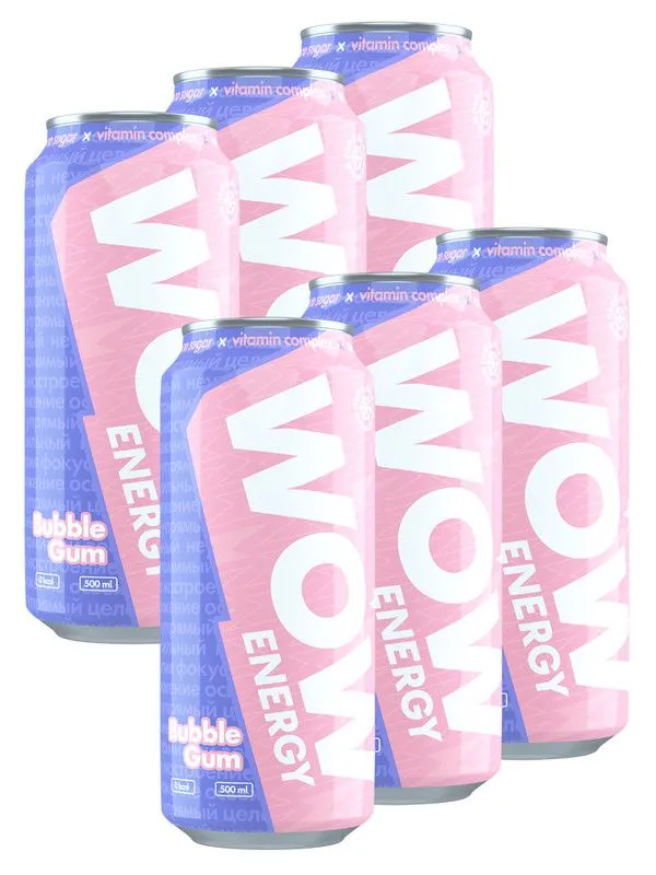 WOW WOW, Energy Энергетик без сахара 6х0,5л (Bubble Gum)