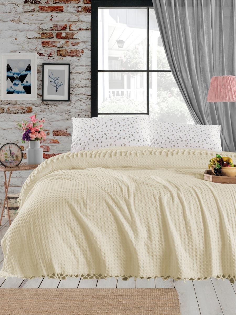Покрывало DO&CO вафельное с бахромой 220х240 кремовый евро