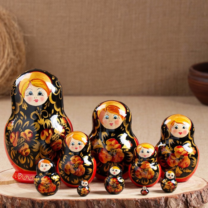 

Матрешка Хохлома, 10 кукольная, 16 см, Черный;красный