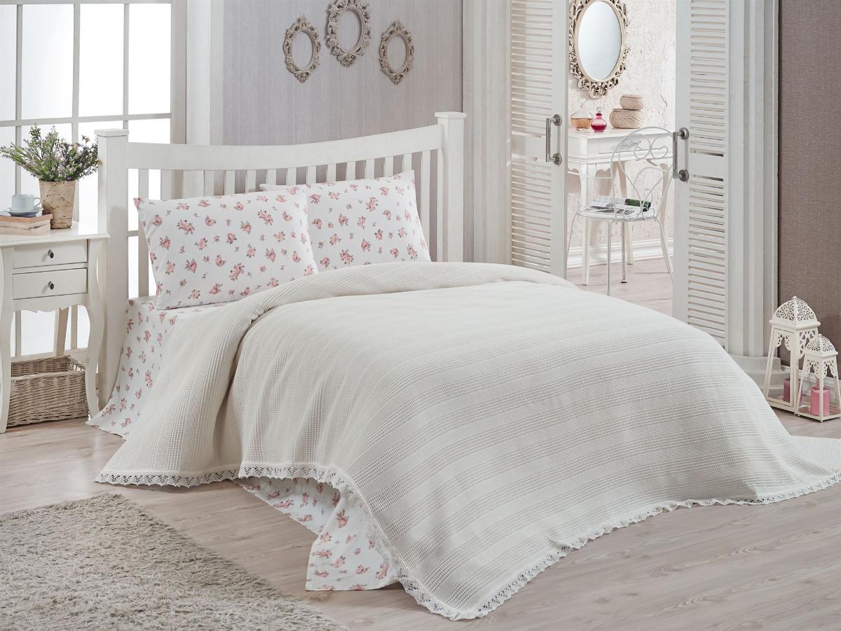 Покрывало DO&CO вафельное с гипюром 220х240 кремовый евро