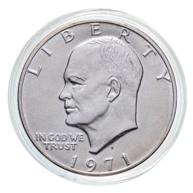 

Серебряная монета 1 доллар в капсуле Эйзенхауэр, S, США, 1971 XF