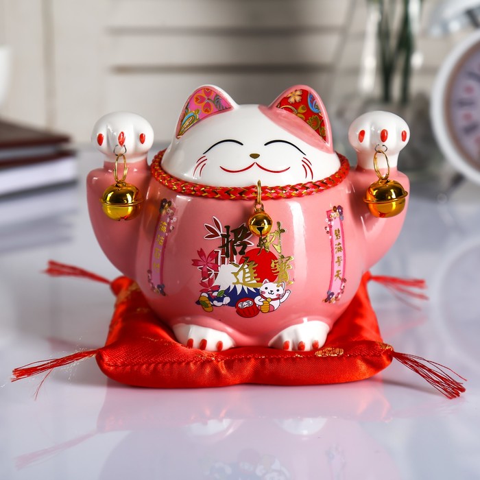 

Копилка керамика Кот манэки-нэко розовый с колокольчиками 10,5х13,5х9 см