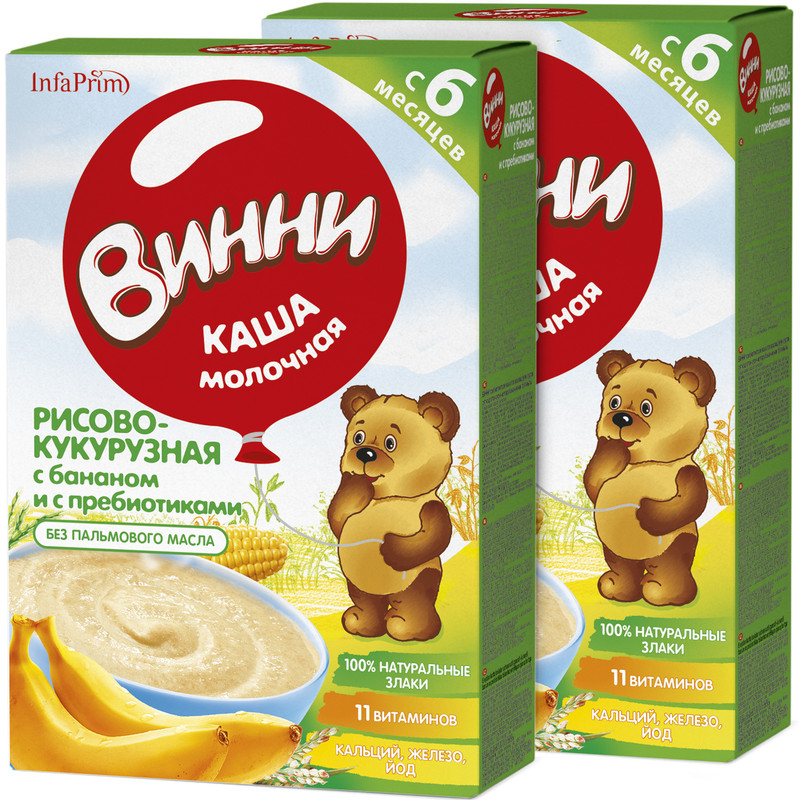 

Каша Винни молочная рисово-кукурузная с бананом с пребиотиком 6 мес 200 гр 2 шт