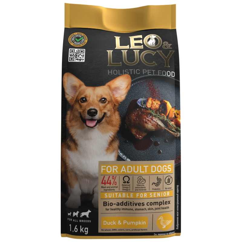 фото Сухой корм для собак leo&lucy, для пожилых, холистик с уткой, тыквой и биодобавками, 1,6кг