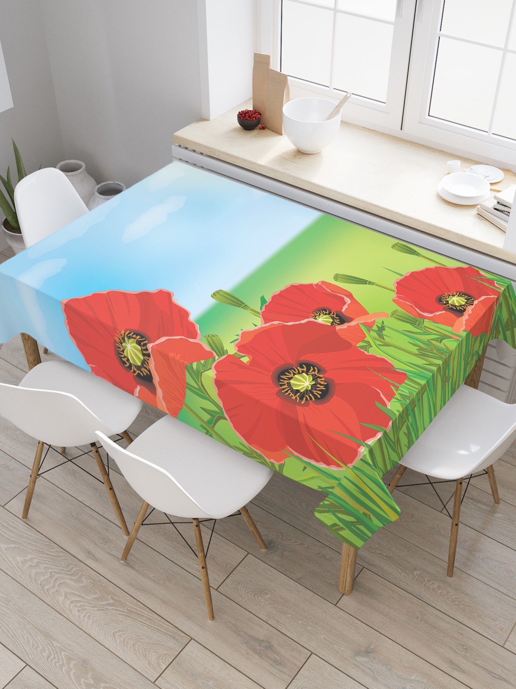 

Скатерть прямоугольная JoyArty "Маки в поле" из оксфорда, 120x145 см, Голубой, Маки в поле