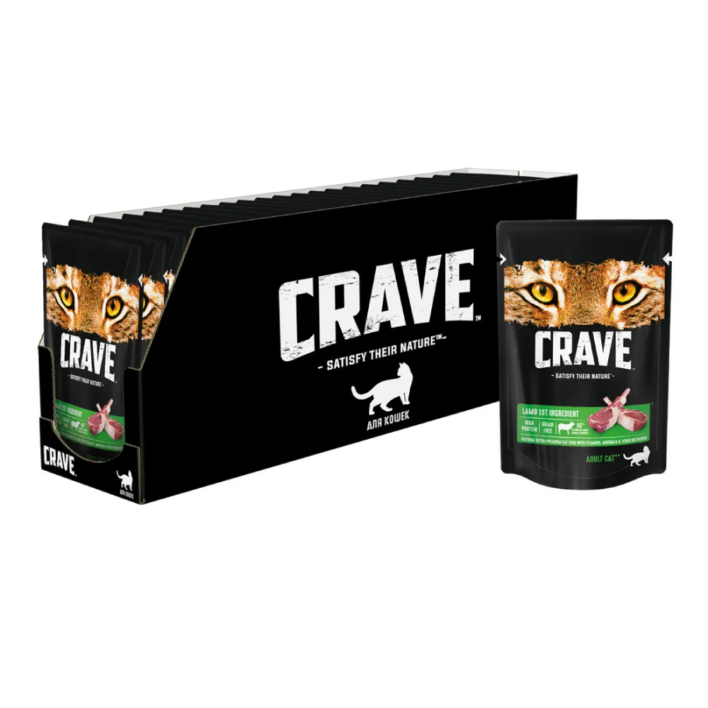 Корм влажный Crave для взрослых кошек, с ягненком, в желе, 30x70 г