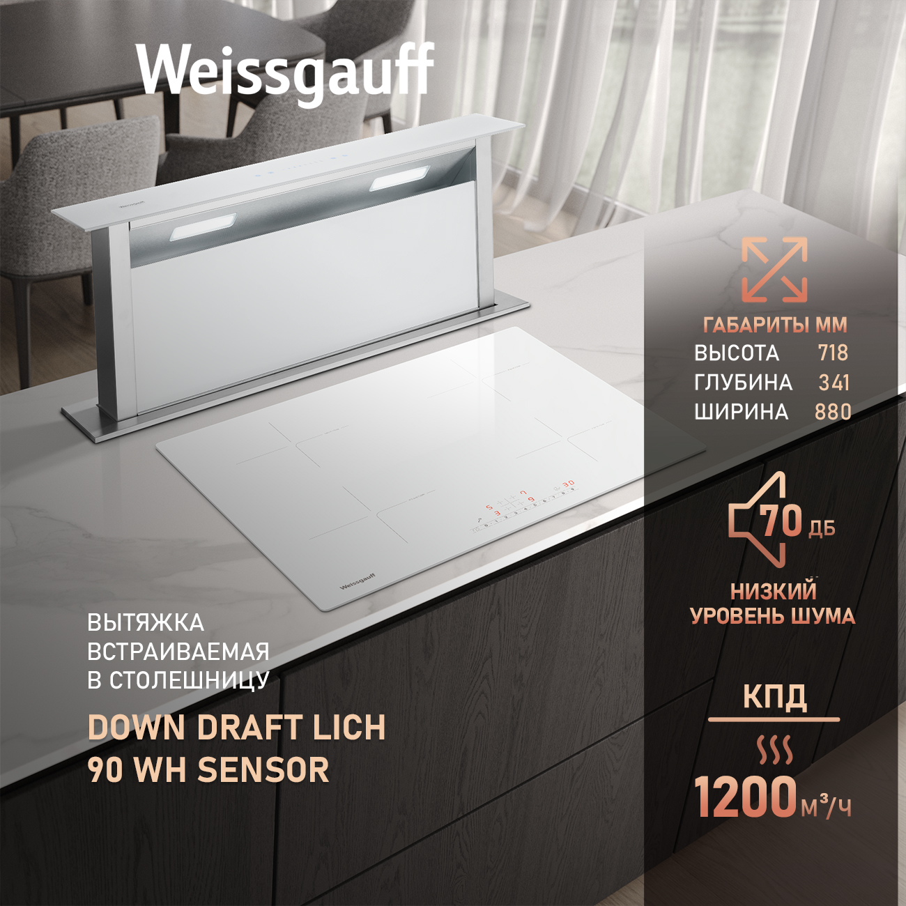 

Вытяжка встраиваемая Weissgauff Down Draft Lich 90 WH Sensor белая, Белый, 90 WH Sensor