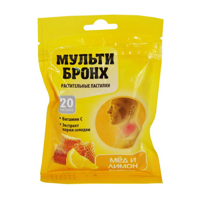 

Мульти-Бронх леденцы со вкусом мед с лимоном без сахара 20 шт..