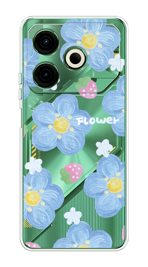 

Чехол на Tecno Pova 6 Neo "Цветы и клубники", Прозрачный;голубой;белый, 309050-1
