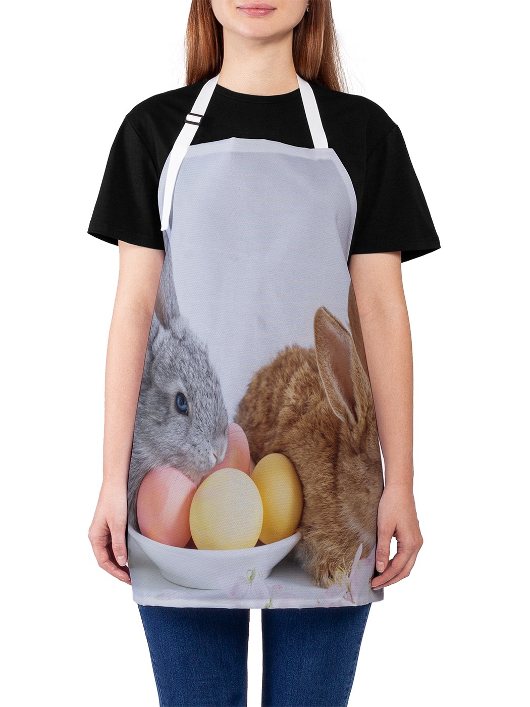 фото Фартук женский joyarty для готовки "кролики с пасхальными яйцами", универсальный размер