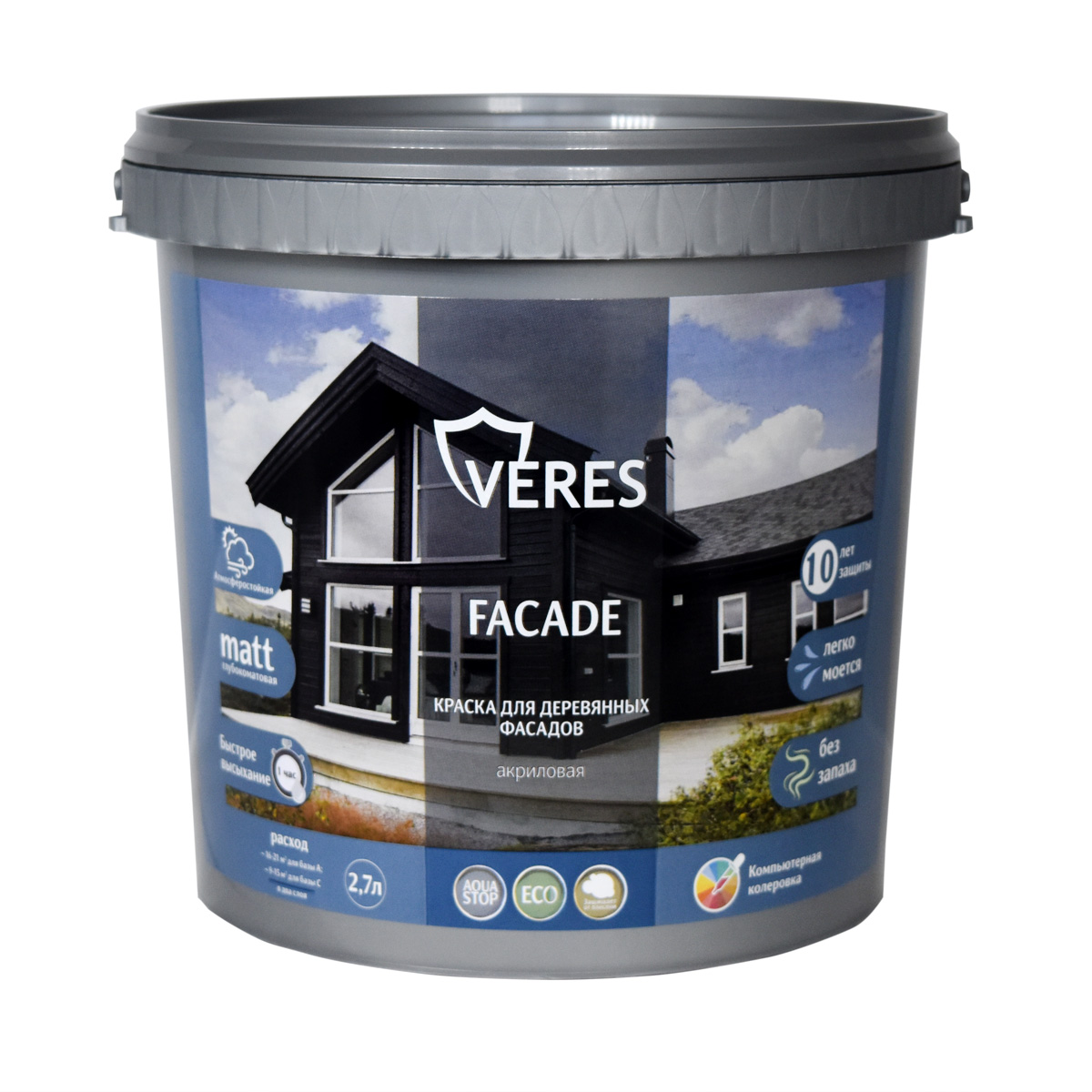 Краска для деревянных фасадов Veres Facade, VR-174, акриловая, 2,7 л, горький шоколад