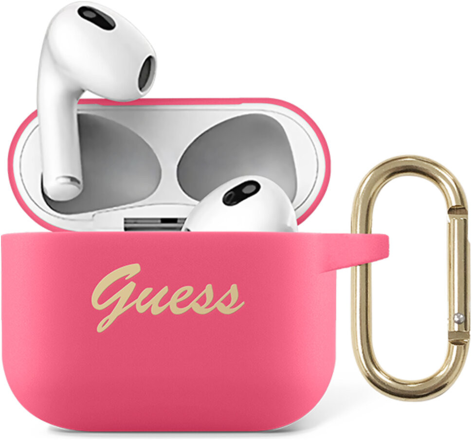 

Чехол с карабином Guess для AirPods 3 (GUA3SSSF) Фуксия, Розовый, Silicone with ring Script logo