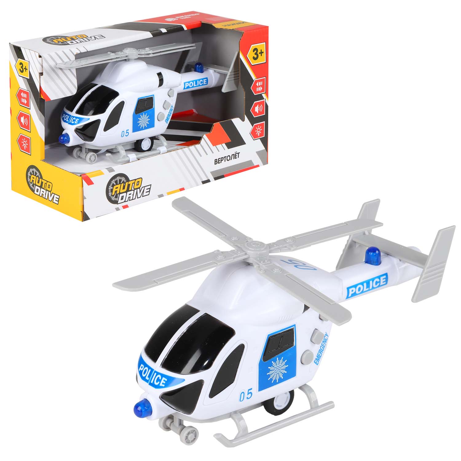 Полицейский вертолет 20 см инерционный ТМ AUTODRIVE, свет, звук, белый, JB1167960 игрушка конструктор полицейский вертолет 43 детали 15см тм zvezda