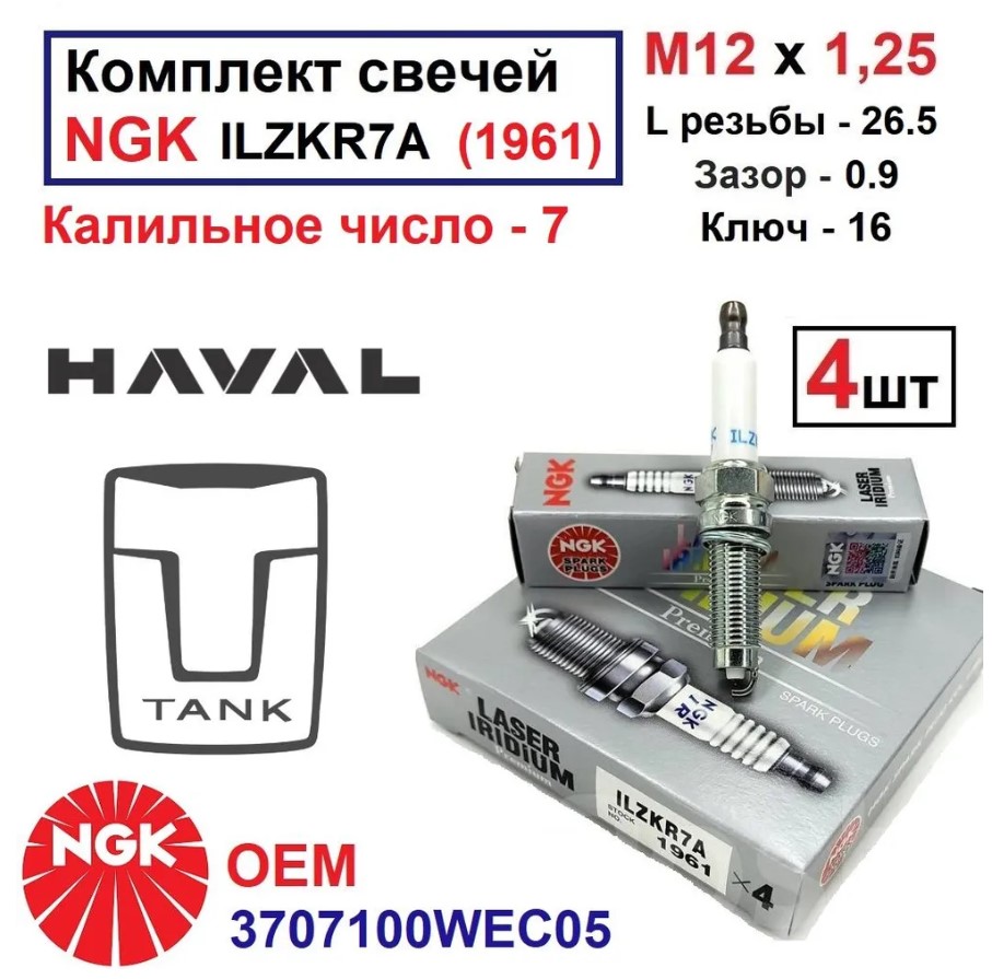 

Комплект свечей NGK ILZKR7A (1961) на TANK 300 HAVAL H9 OEM 3707100WEC05 (4шт иридий), NGK ILZKR7A (1961)