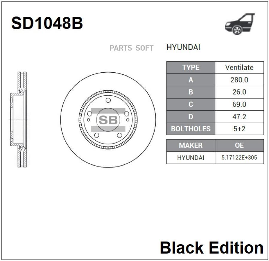 

SANGSIN BRAKE SD1048B Диск тормозной SD1048B (51712-3K000) Black Edition