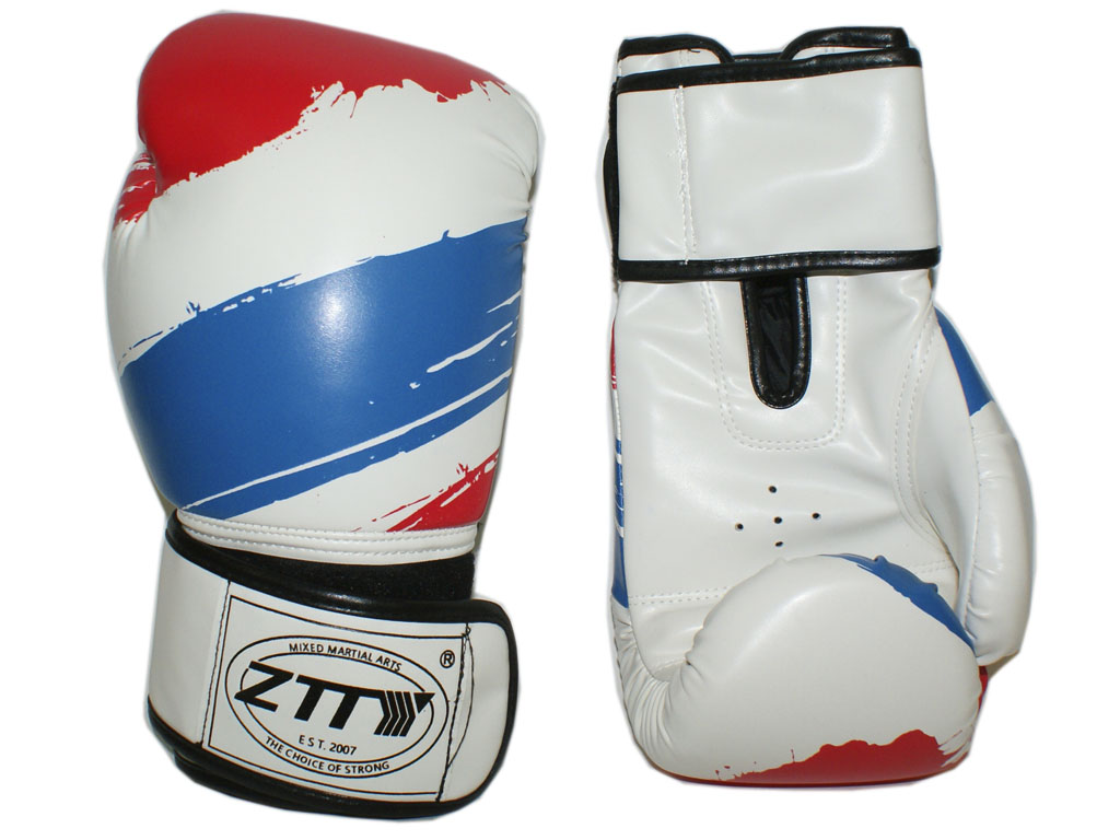 фото Перчатки боксёрские 14 oz: ztty-3g-14-б цвет - белый с синими и красными вставками.