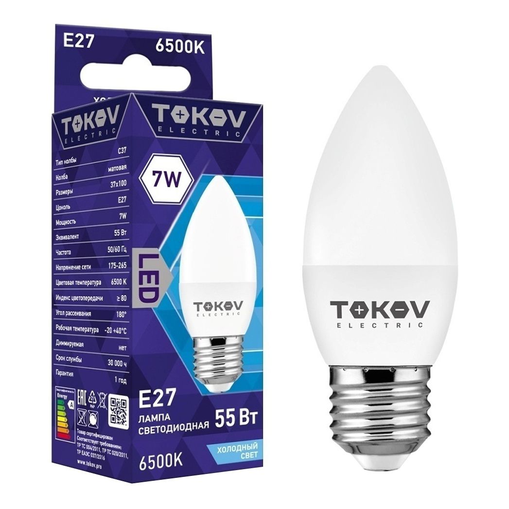 

Лампа светодиодная Tokov Electric E27 7 Вт 6500 К свеча матовая