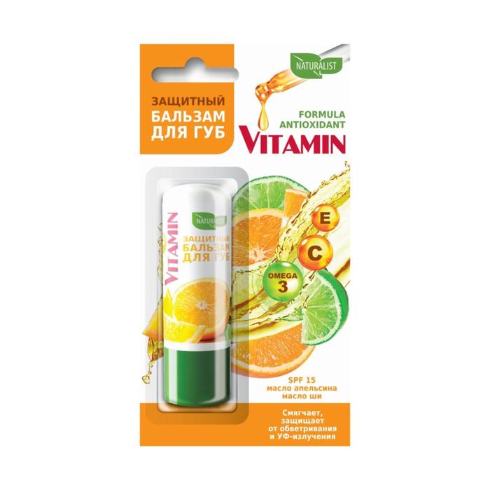 

Бальзам для губ Vitamin, Защитный масло апельсина, масло ши, SPF15, 4,5 г, Прозрачный