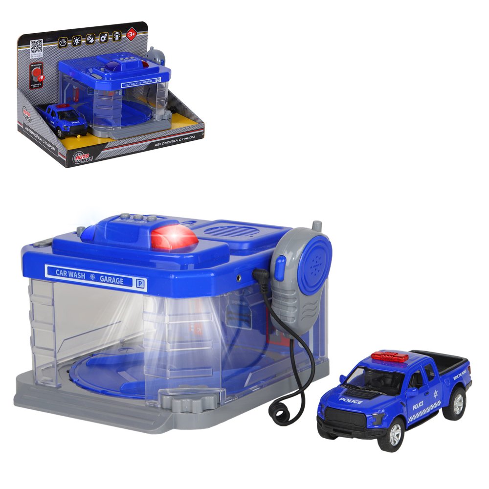 фото Детский игровой набор auto drive автомойка с паром полиция свет/звук синий jb0404170