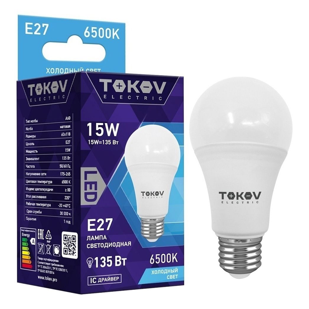 Лампа светодиодная Tokov Light E27 15 Вт 6500 К груша матовая