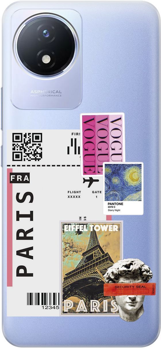 

Силиконовый чехол на Vivo Y02 с 3D принтом "Paris Stickers" прозрачный, Прозрачный;бежевый, 157842