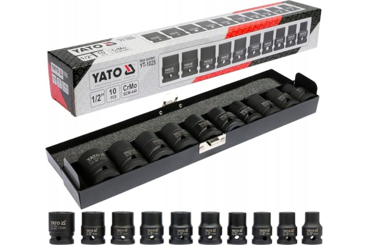 

YATO YT-1025 Набор головок ударных торцевых 1/2, 10 пр: 10, 12 - 19, 22 мм