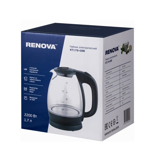 

Чайник электрический RENOVA KT17G-08B 17 л черный, KT17G-08B