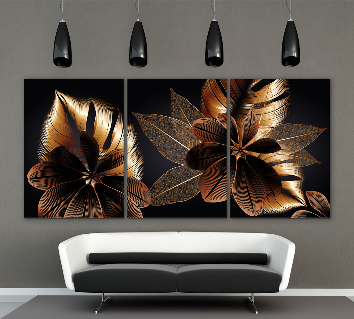 

Модульная картина на холсте Poly Print Art Золотые цветы 2 70х150 см.