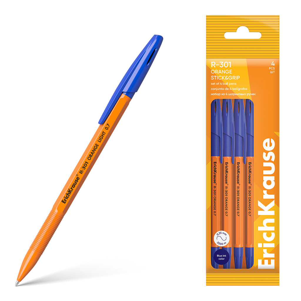 

Набор из 4 ручек шариковых ErichKrause R-301 Stick&Grip Orange 60995 0,7 синие