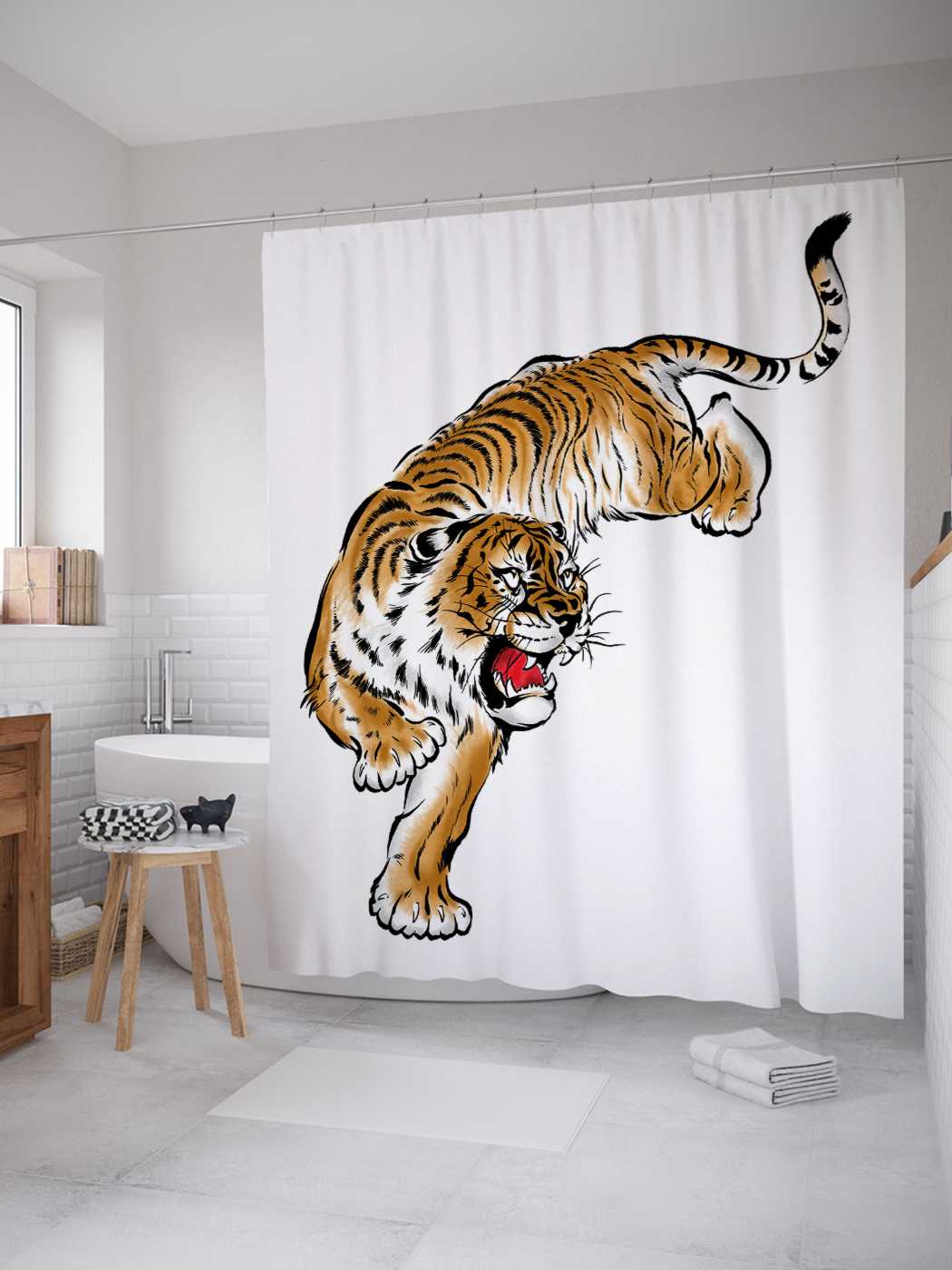 фото Штора для ванной joyarty "тигр на охоте" из сатена, 180х200 см с крючками