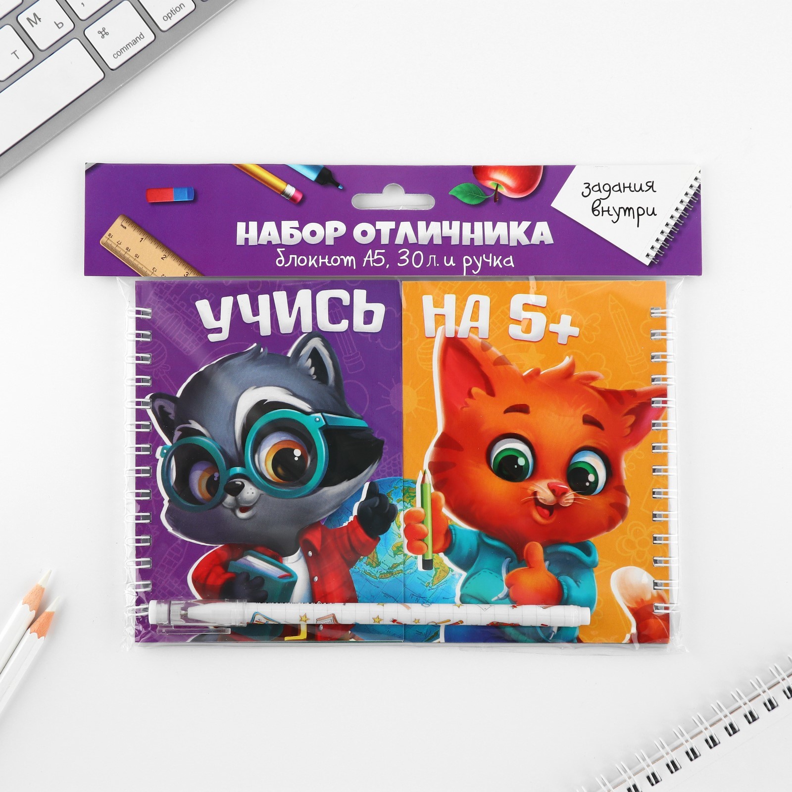 

Набор канцелярских мелочей ArtFox двойной блокнот А5 30л и ручка, Разноцветный