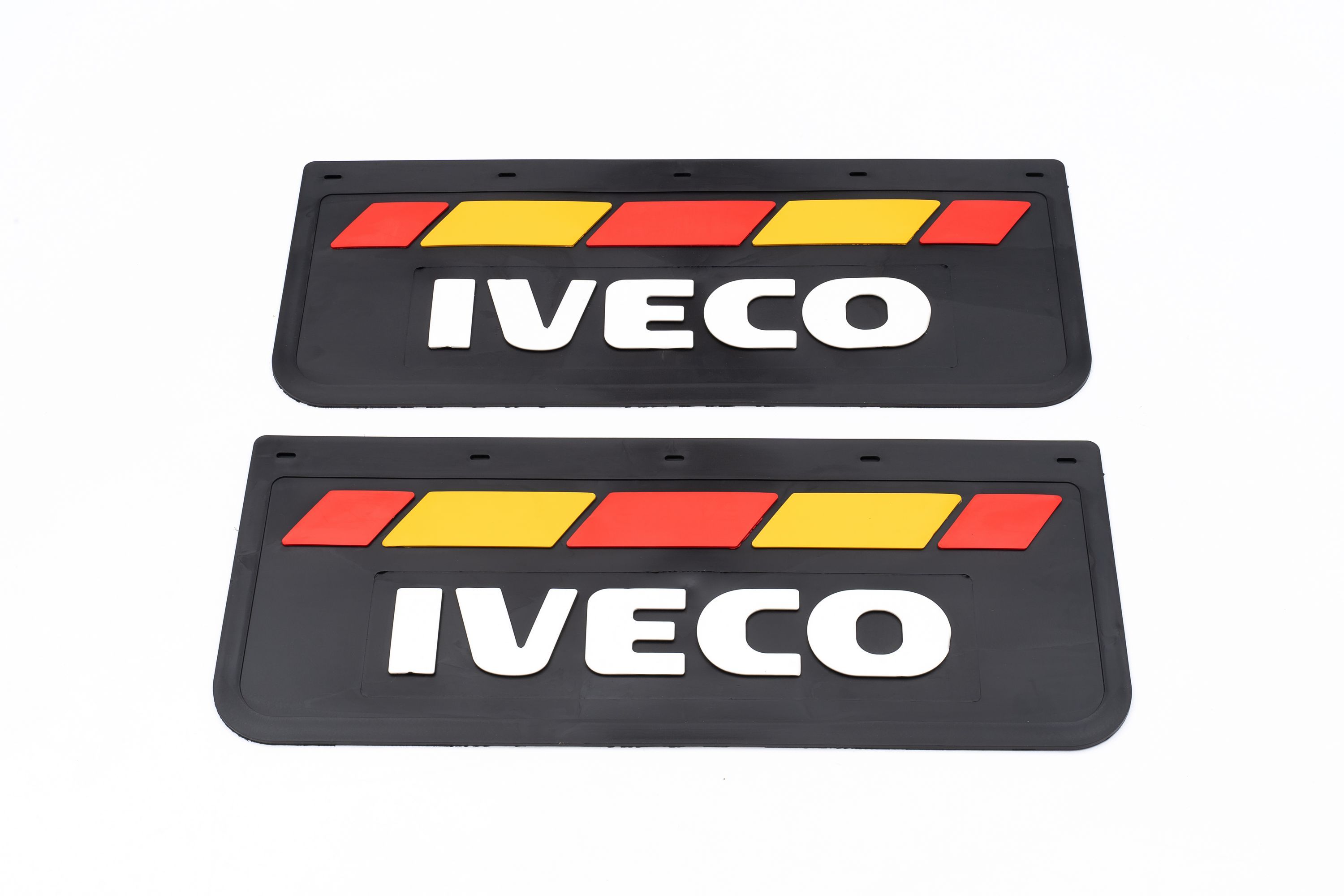 

Комплект брызговиков IVECO черная резина LUX PRO красно-желт.полосой 670*270