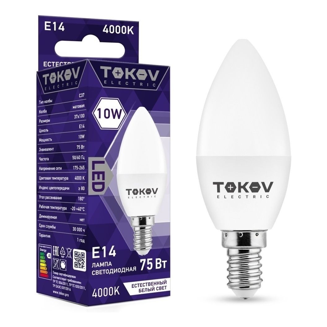 

Лампа светодиодная Tokov Electric Е14 10 Вт 4000 К свеча