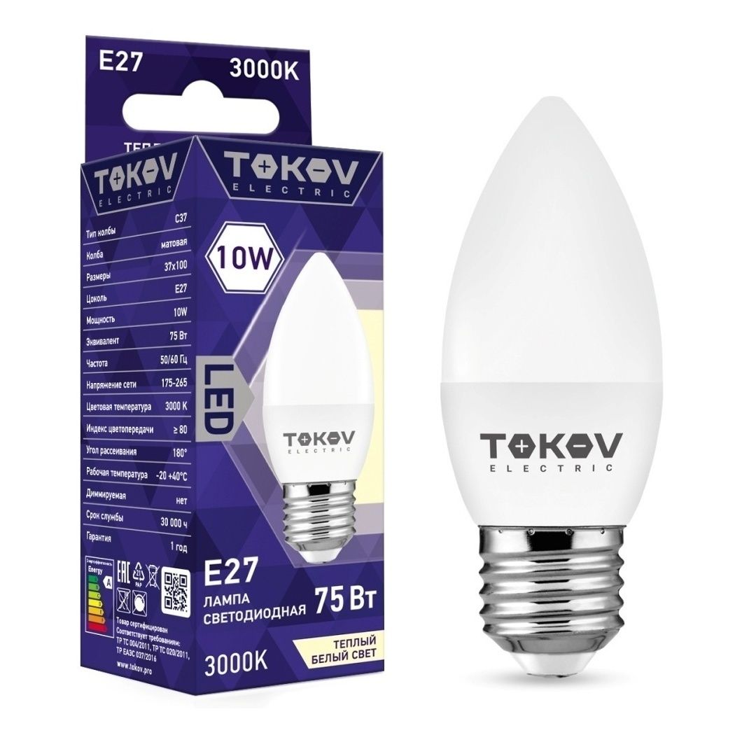 Лампа светодиодная Tokov Electric Е27 10 Вт 3000 К свеча