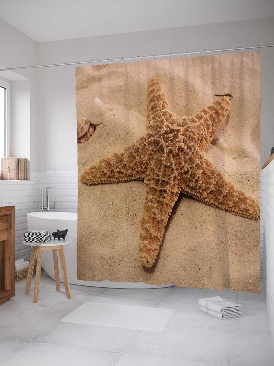 

Штора для ванной JoyArty "Звезда на песке" из сатена, 180х200 см с крючками, Коричневый