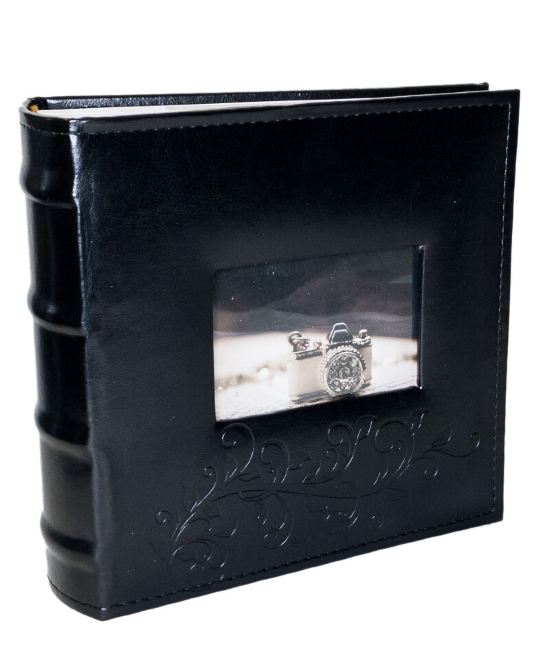 Фотоальбом «Орнамент с окном», чёрный, обложка эко-кожа, 300 фото в кармашках 10х15 см