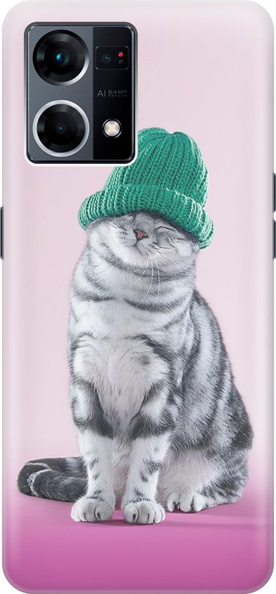 

Силиконовый чехол на OPPO Reno7 с принтом "Кот в зеленой шапке", Розовый;серый, 157875