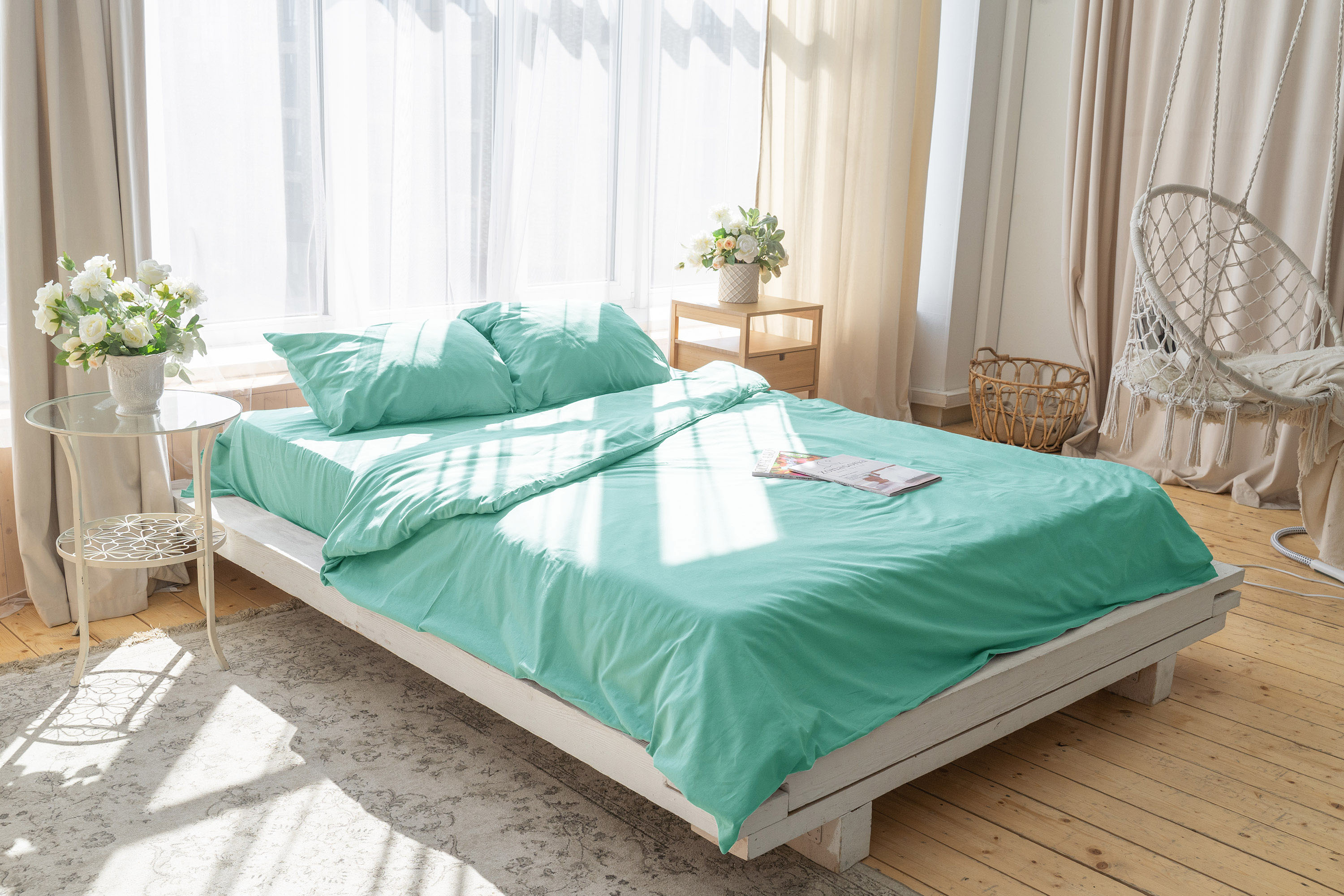 фото Комплект постельного белья zonasona однотонный бирюзовый, 1,5 спальный, поплин, нав. 70х70