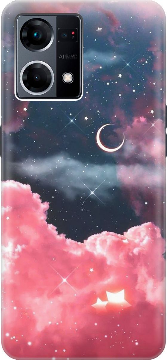 

Силиконовый чехол на OPPO Reno7 с принтом "Месяц и розовые облака", Розовый;синий, 157876