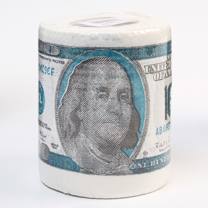 Туалетная бумага в сувенирном исполнении с изображением банкноты в 100 долларов, размеры упаковки: 9,5х10х9,5 см.