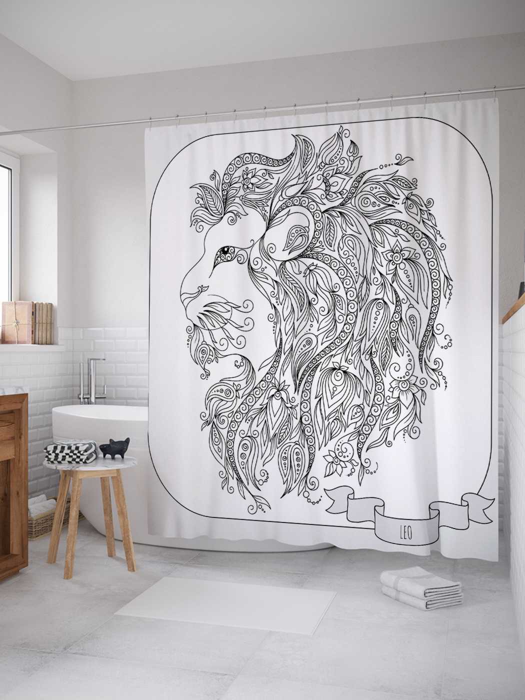 фото Штора для ванной joyarty "величественный лев" из сатена, 180х200 см с крючками