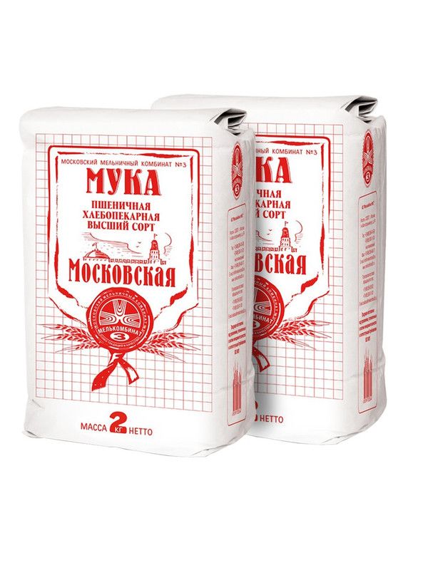 

Мука Мелькомбинат пшеничная хлебопекарная Московская высший сорт № 3 2 кг*2 шт